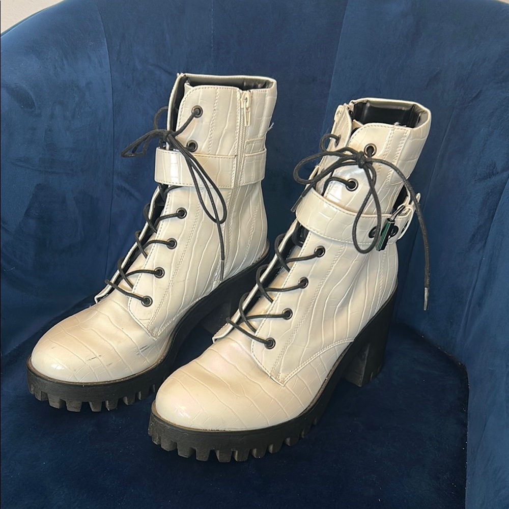 Women's White Lace-Up Boots